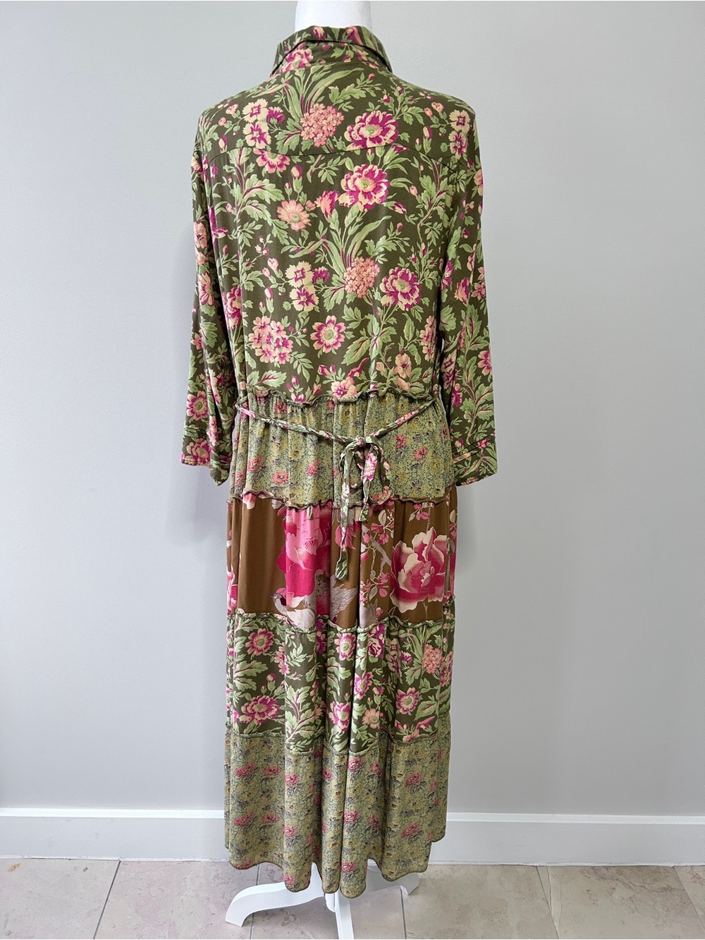 April Cornell Women’s XL Olive Pink Floral Tiered Patchwork Pintuck Maxi Dress - Picture 5 of 14